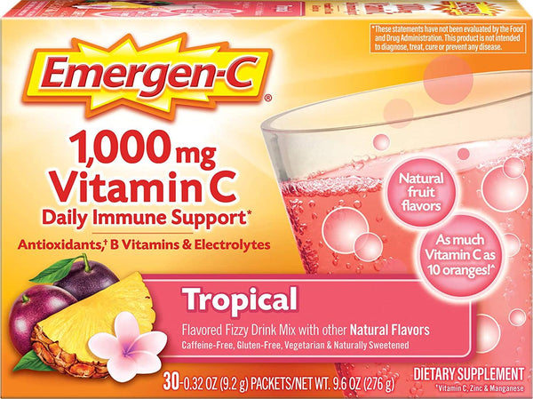 Emergen-C Dietary Supplement Drink Mix with 1000 mg Vitamin C, 0.32 Ounce Packets, Caffeine Free (Tropical Flavor, 30 Count)