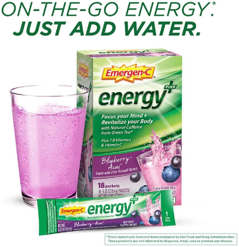 Emergen-C Energy+, With B Vitamins, Vitamin C And Natural Caffeine From Green Tea (18 Count, Blueberry Acai Flavor) Dietary Supplement Drink Mix, 0.33 Ounce Powder Packets