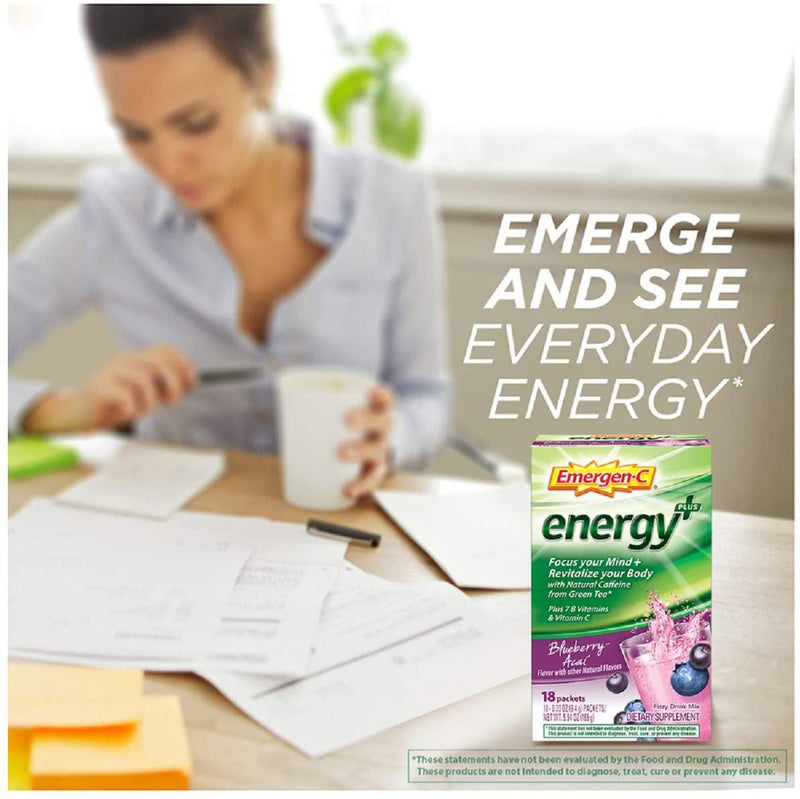 Emergen-C Energy+, With B Vitamins, Vitamin C And Natural Caffeine From Green Tea (18 Count, Blueberry Acai Flavor) Dietary Supplement Drink Mix, 0.33 Ounce Powder Packets