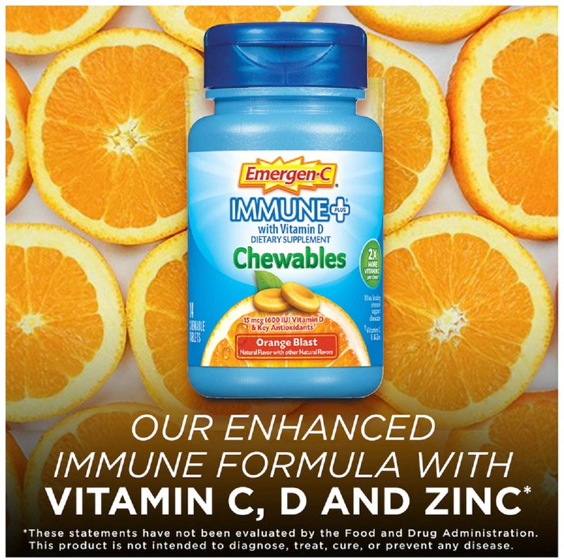 Emergen-C Immune+ Chewables System Support Dietary Supplement Tablet With 600 IU Vitamin D (Orange Blast Flavor, 42 Count)