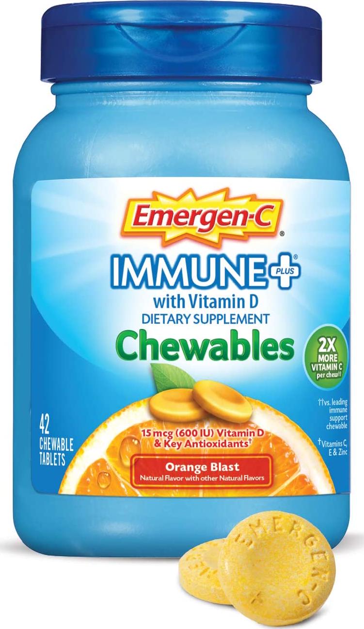 Emergen-C Immune+ Chewables System Support Dietary Supplement Tablet With 600 IU Vitamin D (Orange Blast Flavor, 42 Count)