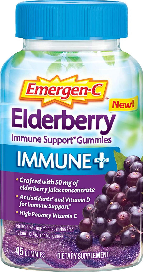 Emergen-C Immune+ Gummies (45 Count, Elderberry Flavor) Immune Support with 750mg Vitamin C, Plus Vitamin D and Zinc, Vegetarian, Caffeine Free, and Gluten Free Dietary Supplement