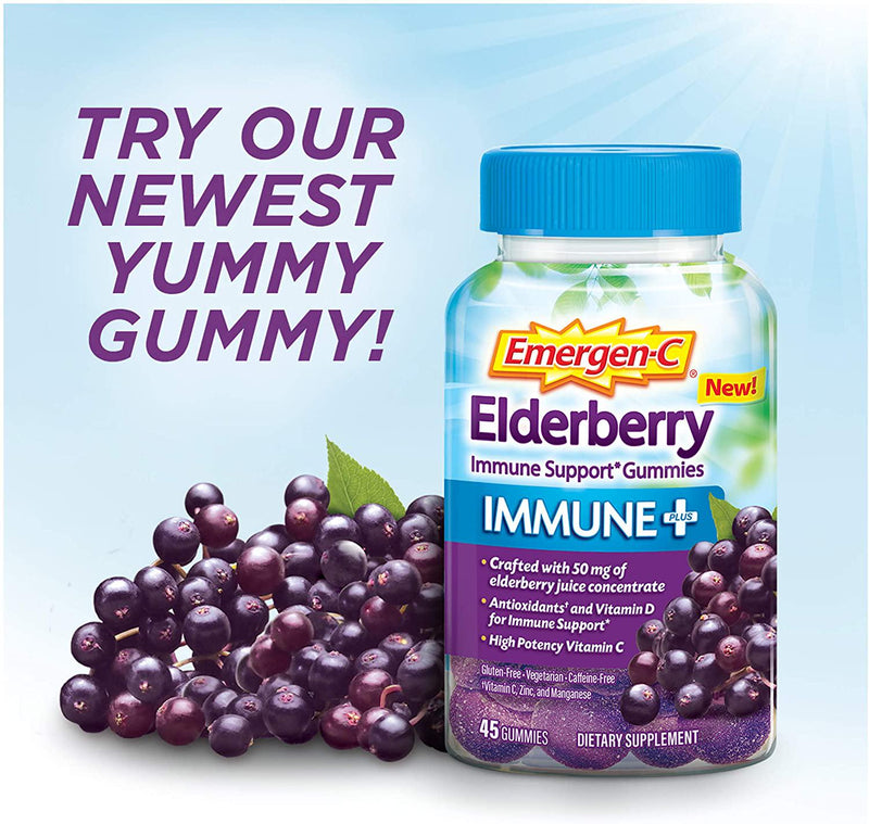Emergen-C Immune+ Gummies (45 Count, Elderberry Flavor) Immune Support with 750mg Vitamin C, Plus Vitamin D and Zinc, Vegetarian, Caffeine Free, and Gluten Free Dietary Supplement