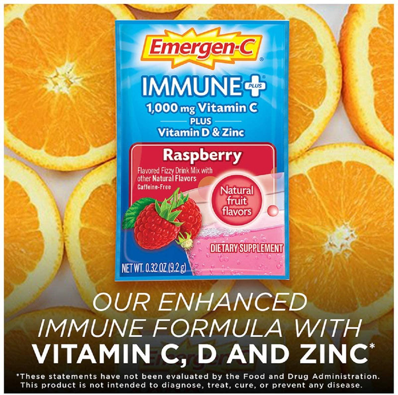 Emergen-C Immune+ System Support Dietary Supplement with Vitamin D (Raspberry Flavor, 30-Count 0.32 oz. Packets)