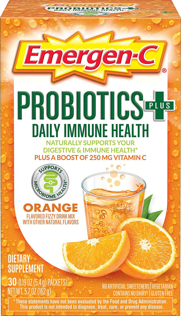 Emergen-C Probiotics+ (30 Count, Orange Flavor) Daily Immune Health Dietary Supplement Drink Mix Plus a Boost of 250mg Vitamin C, 0.19 ounce Packets