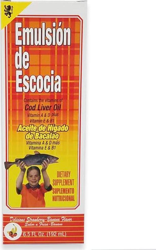 Emulsion de Escocia. Cod Liver Oil Dietary Supplement. Rich in Vitamins A, D, E and B1. Strawberry and Banana Flavour. 6.5 Fl.Oz / 192 mL. Pack of 3
