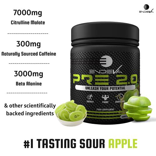 Endeva Nutrition Pre-Workout 2.0 | Increase Energy, Power, Fatigue Delay | Caffeine, Beta Alanine, Citrulline Malate,L-Tyrosine,L- Theanine (Sour Apple)