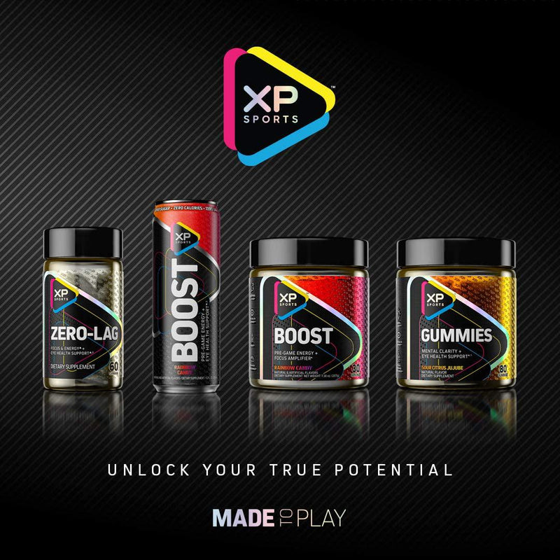 Energy Drinks | XP Sports Boost Energy Drink | Alertness + Focus Supplement + Eye Health Support | PreWorkout Drink for Men and Women | Gamer Energy Supplements | Rainbow Candy, 12 fl oz (6 Pack)
