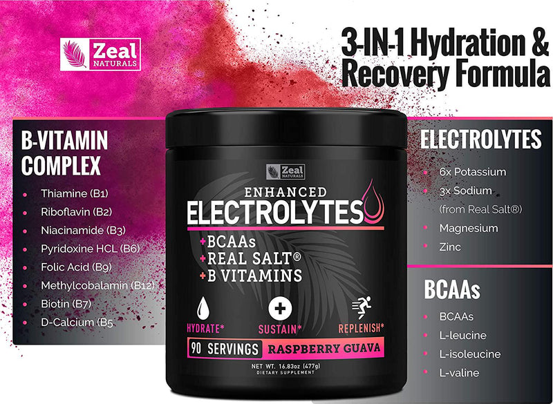 Enhanced Electrolyte Powder (Raspberry Guava 90ct) Sugar Free + BCAA, B-Vitamins and Real SaltÂ - Keto Electrolytes Drinks, Hydration Powder w Potassium, Sodium, Zinc, Magnesium for Hydration and Recovery
