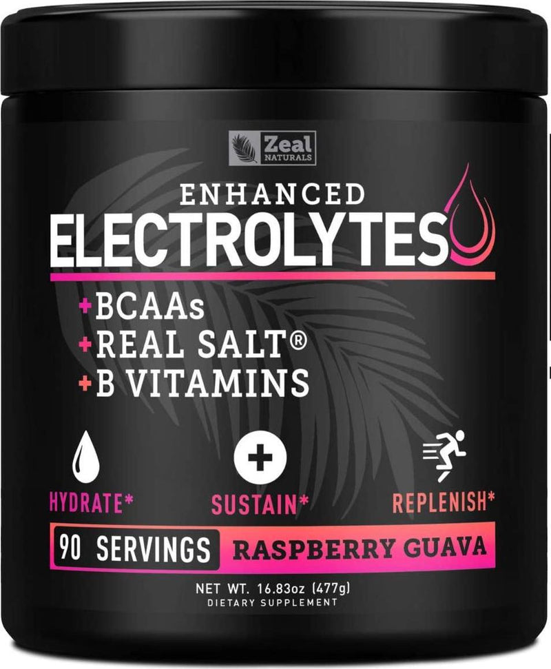Enhanced Electrolyte Powder (Raspberry Guava 90ct) Sugar Free + BCAA, B-Vitamins and Real SaltÂ - Keto Electrolytes Drinks, Hydration Powder w Potassium, Sodium, Zinc, Magnesium for Hydration and Recovery