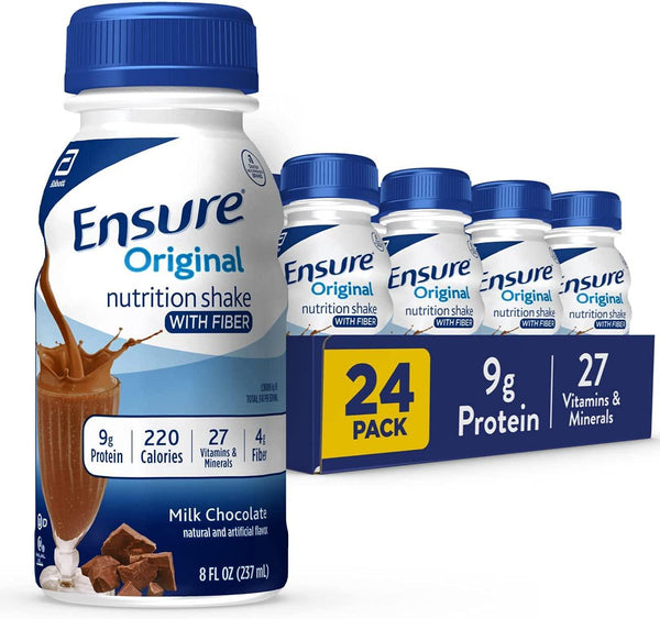 Ensure Original Nutrition Shake with Fiber, Small Meal Replacement Shake, Complete, Balanced Nutrition with Nutrients to Support Immune System Health, Milk Chocolate, 8 Fl Oz (Pack of 24)