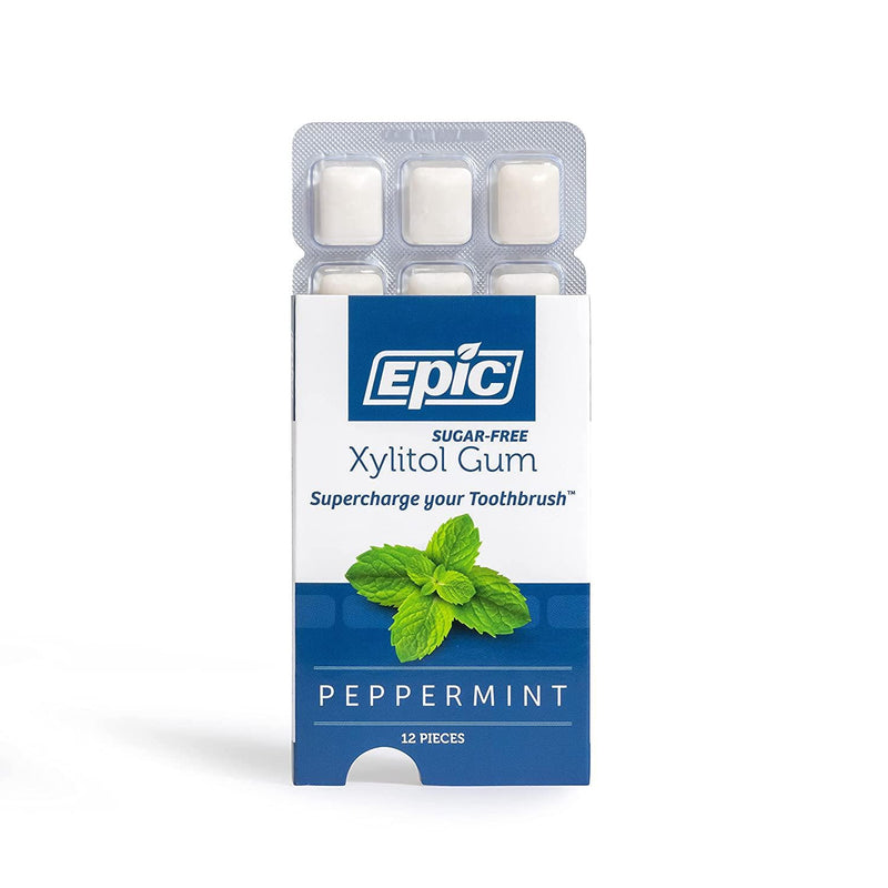 Epic Xylitol Chewing Gum - Sugar Free and Aspartame Free Chewing Gum Sweetened w/ Xylitol for Dry Mouth and Gum Health (Peppermint, 12-Piece Pack, 12 Packs)