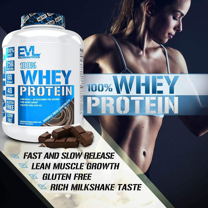 Evlution Nutrition 100% Whey Protein, 25g of Whey Protein, 6g of BCAAs, 4g of Glutamine, Gluten Free (5 LB, Double Rich Chocolate)