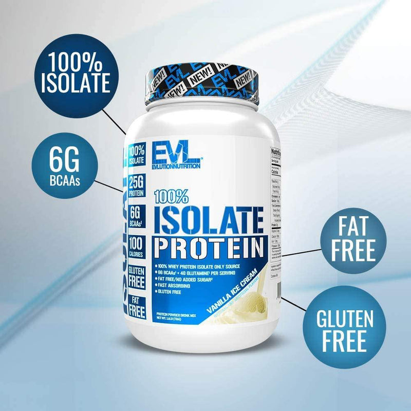 Evlution Nutrition 100% Isolate, Whey Isolate Protein Powder, 25 G of Fast Absorbing Protein, No Sugar Added, Low-Carb, Gluten-Free (Vanilla Ice Cream, 1.6 LB)