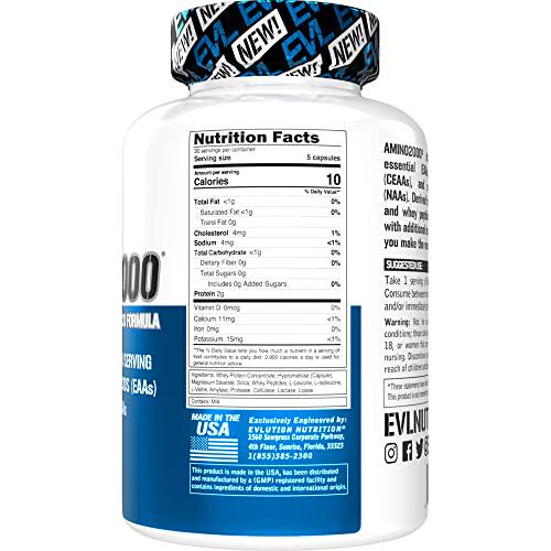 Evlution Nutrition Amino 2000 Capsules - 2 Grams of Amino Acids Essential for Performance, Recovery, Endurance, Muscle Building, Keto Friendly, No Sugar, No Stimulants (30 Servings)