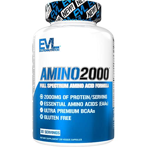 Evlution Nutrition Amino 2000 Capsules - 2 Grams of Amino Acids Essential for Performance, Recovery, Endurance, Muscle Building, Keto Friendly, No Sugar, No Stimulants (30 Servings)