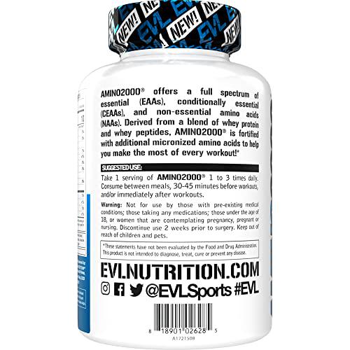 Evlution Nutrition Amino 2000 Capsules - 2 Grams of Amino Acids Essential for Performance, Recovery, Endurance, Muscle Building, Keto Friendly, No Sugar, No Stimulants (30 Servings)