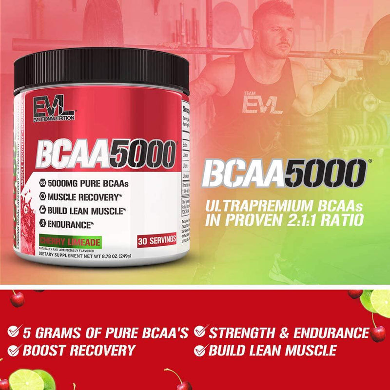 Evlution Nutrition BCAA5000 Powder 5 Grams of Branched Chain Amino Acids (BCAAs) Essential for Performance, Recovery, Endurance, Muscle Building, Keto Friendly, Zero Sugar, 30 Servings (Cherry Limeade)