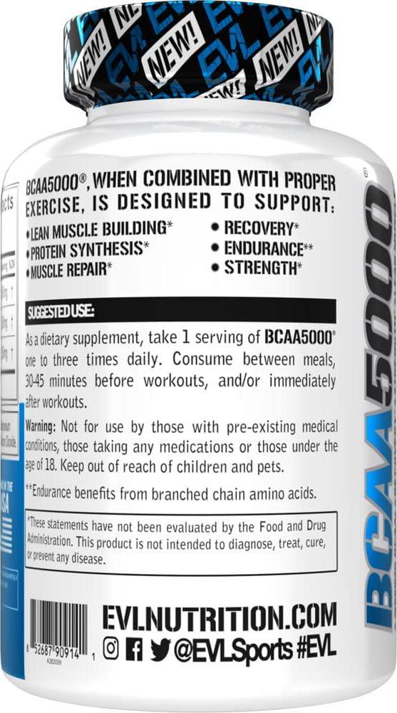 Evlution Nutrition BCAA5000, Branched Chain Amino Acids, Muscle Building Capsules with 5 Grams of BCAAs (30 Servings)