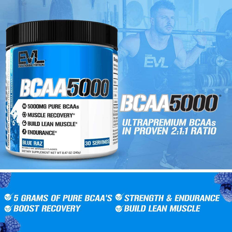 Evlution Nutrition BCAA5000 Powder 5 Grams of Branched Chain Amino Acids (BCAAs) Essential for Performance, Recovery, Endurance, Muscle Building, Keto Friendly, No Sugar (30 Servings, Blue Raz)