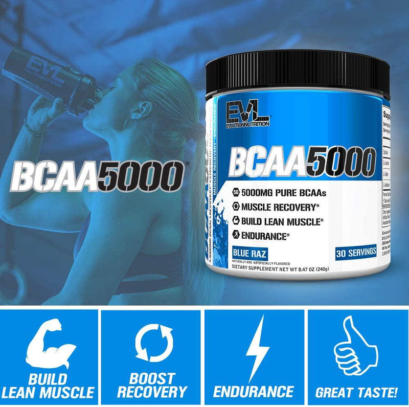 Evlution Nutrition BCAA5000 Powder 5 Grams of Branched Chain Amino Acids (BCAAs) Essential for Performance, Recovery, Endurance, Muscle Building, Keto Friendly, No Sugar (30 Servings, Blue Raz)
