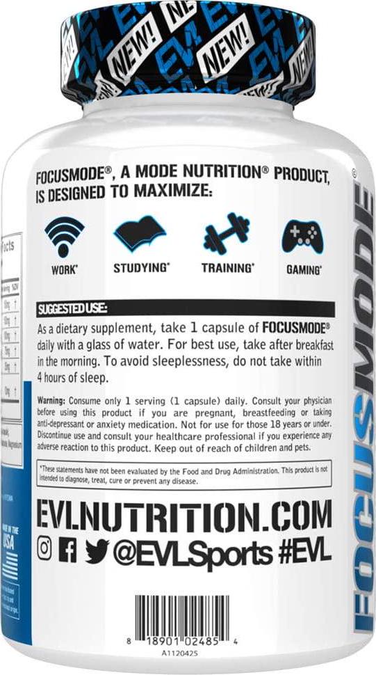Evlution Nutrition Focus Mode, Herbal Brain Function and Cognitive Support Supplement, Focus, Energy, Clarity, Memory, Mind Enhancer and Mood Booster Nootropic (30 Servings)