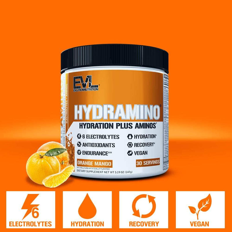 Evlution Nutrition HYDRAMINO Complete Hydration Multiplier, All 6 Electrolytes, Vitamin C and B, Fluid Boosting Aminos, Coconut Water, Endurance, Recovery, Antioxidants, 30 Serve, Orange Mango