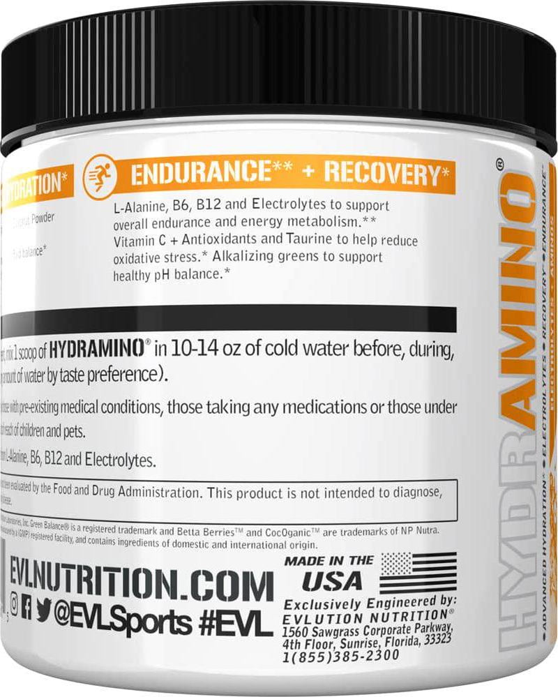 Evlution Nutrition HYDRAMINO Complete Hydration Multiplier, All 6 Electrolytes, Vitamin C and B, Fluid Boosting Aminos, Coconut Water, Endurance, Recovery, Antioxidants, 30 Serve, Orange Mango