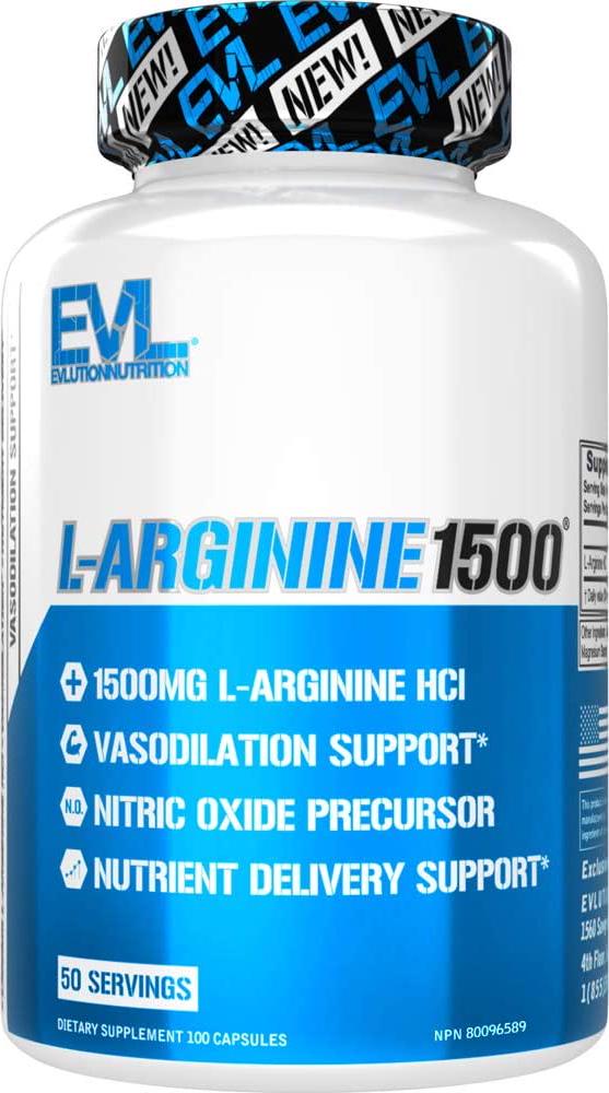 Evlution Nutrition L-Arginine 1500 mg, Ultra-Pure Nitric Oxide Supplement, Muscle Growth and Vascularity, Energy and Stamina, Powerful NO Booster, Essential Amino Acids (100 Capsules)