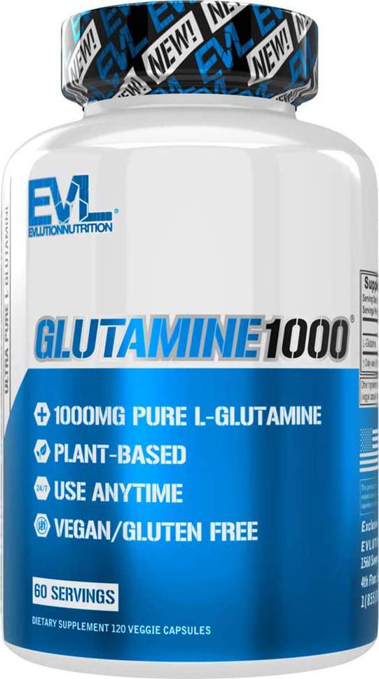 Evlution Nutrition L-Glutamine 1000, 1g Pure L Glutamine Per Serving, Post Workout, Nitrogen Transporter, Immune Support, Vegan, Gluten-Free, Veggie Capsules (60 Servings)