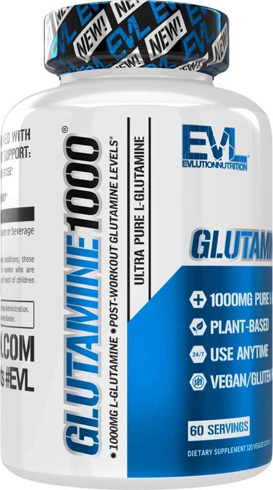 Evlution Nutrition L-Glutamine 1000, 1g Pure L Glutamine Per Serving, Post Workout, Nitrogen Transporter, Immune Support, Vegan, Gluten-Free, Veggie Capsules (60 Servings)