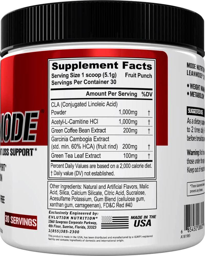 Evlution Nutrition Lean Mode Stimulant-Free Weight Loss Supplement with Garcinia Cambogia, CLA and Green Tea Leaf Extract, 30 Servings (Fruit Punch)