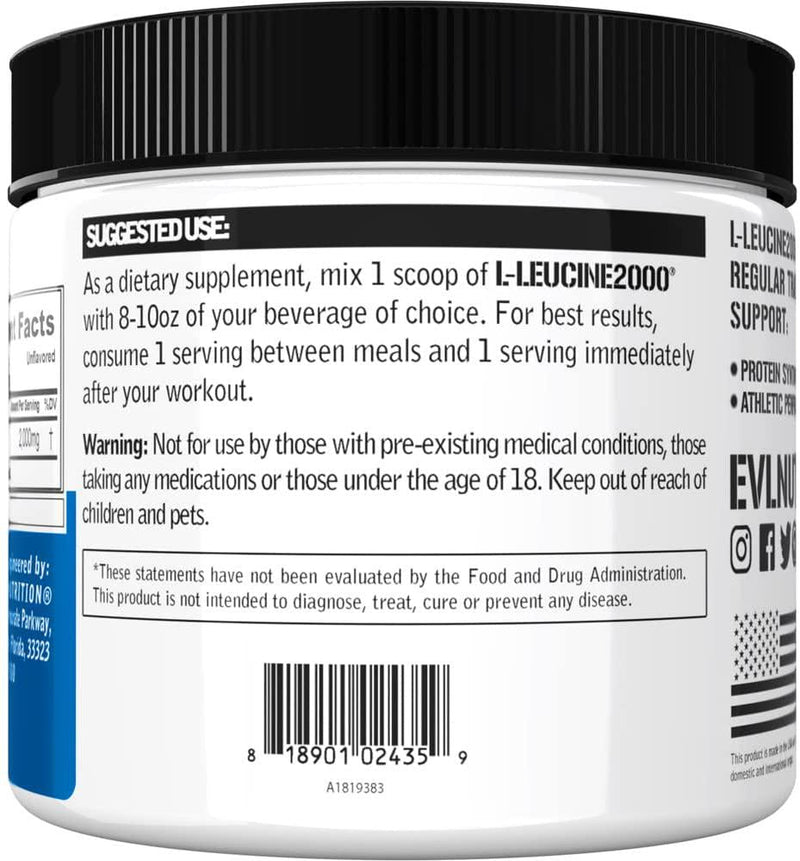 Evlution Nutrition L-Leucine2000, 2000mg of Pure L-Leucine in Each Serving, Protein Synthesis, Recovery, Vegan, Gluten-Free, Unflavored Powder (100 Servings)
