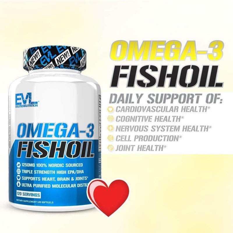 Evlution Nutrition Omega 3 Fish Oil 1250mg, HIGH EPA 450mg, DHA 300mg Triple Strength, Capsules (120 Servings)