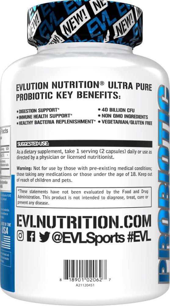 Evlution Nutrition Probiotic 60 Time Release Probiotic Capsules - 40 Billion CFUs per Serving - Easy to Swallow Probiotic Supplement
