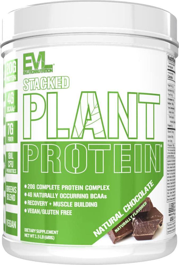 Evlution Nutrition Stacked Plant Protein Powder, Vegan, Non-GMO, Gluten-Free, Probiotics, BCAAs, Fiber, Complete Plant-Based Protein Complex, 1.5 LB (Natural Chocolate)