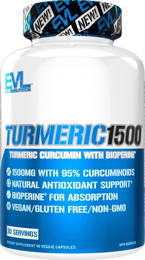 Evlution Nutrition Turmeric Curcumin with Bioperine 1500mg Premium Pain Relief and Joint Support with 95% Standardized Curcuminoids, Non-GMO, Gluten Free Turmeric Capsules (30 Serving Veggie Capsules)