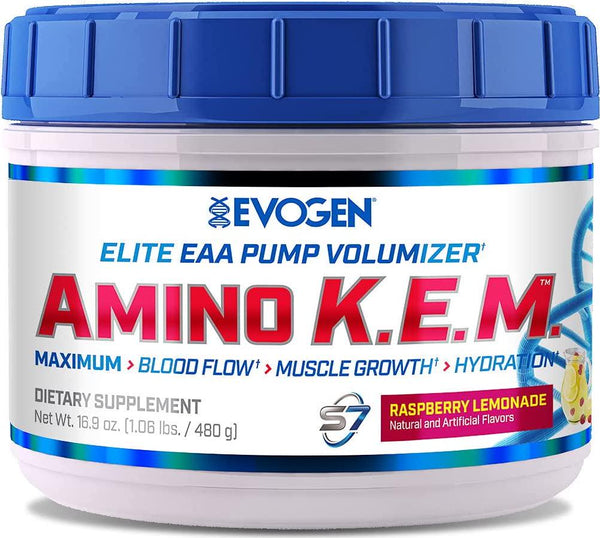 Evogen AminoKEM Raspberry Lemonade | Premium Essential Amino Acid, Nitric Oxide, Betaine anhydrous, S7, Recovery, Volumizing, Pump Catalyst