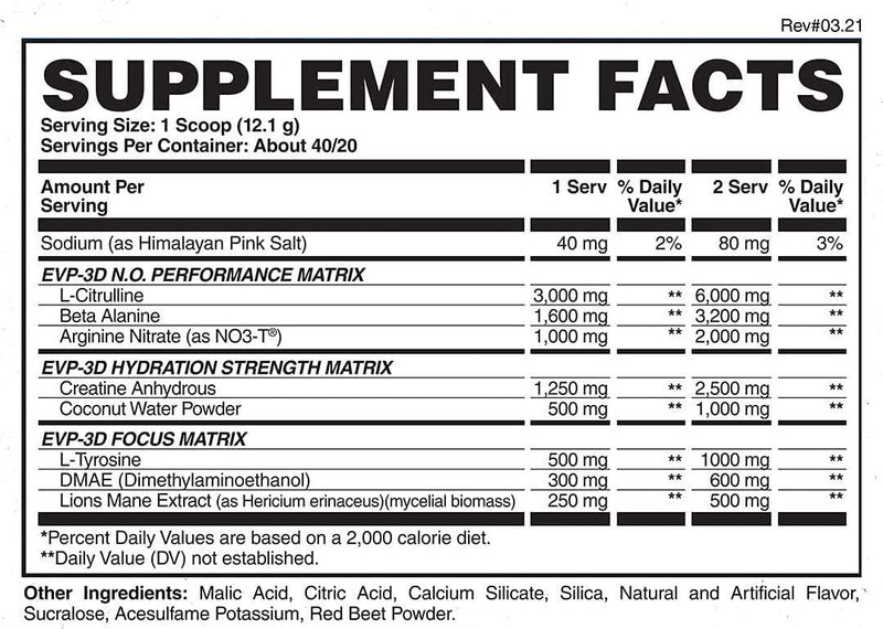 Evogen EVP 3D | Xtreme Stimulant Free Pre-Workout Pump Ignitor, Arginine Nitrate, Citrulline, Beta-Alanine, Lions Mane | Raspberry Lemonade