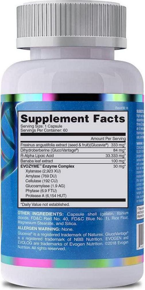 Evogen Evolog, Advanced Nutrient Partioning Agent, Glucevia Fraxinus Angustifolia Extract, GlucoVantage Dihydroberberine, Banaba Leaf Extract, R-ALA, Digestive Enzymes, Protease, 60 Capsules
