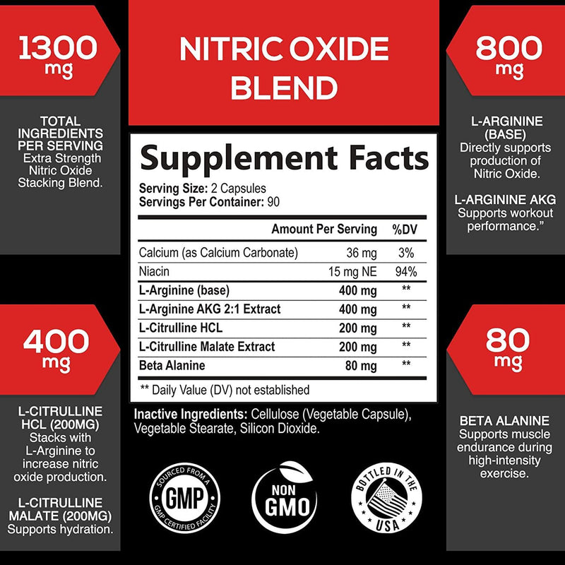 Extra Strength Nitric Oxide Supplement L Arginine 3X Strength - Citrulline Malate, AAKG, Beta Alanine - Premium Muscle Supporting Nitric Booster for Strength and Energy to Train Harder - 180 Capsules