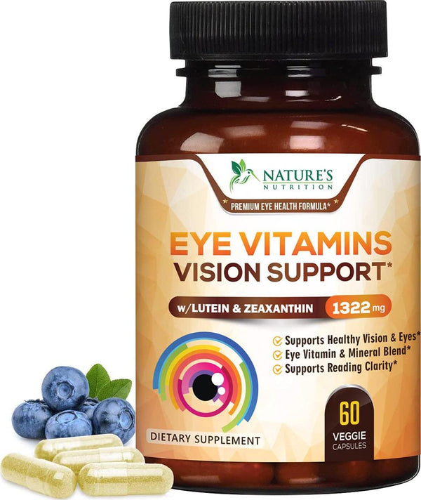 Eye Vitamins with Lutein and Zeaxanthin, Extra Strength Natural Vitamin and Mineral Supplement 1390mg, Made in USA, Areds 2 Premium Vision Formula to Support Dry Eyes and Sensitivity - 60 Capsules