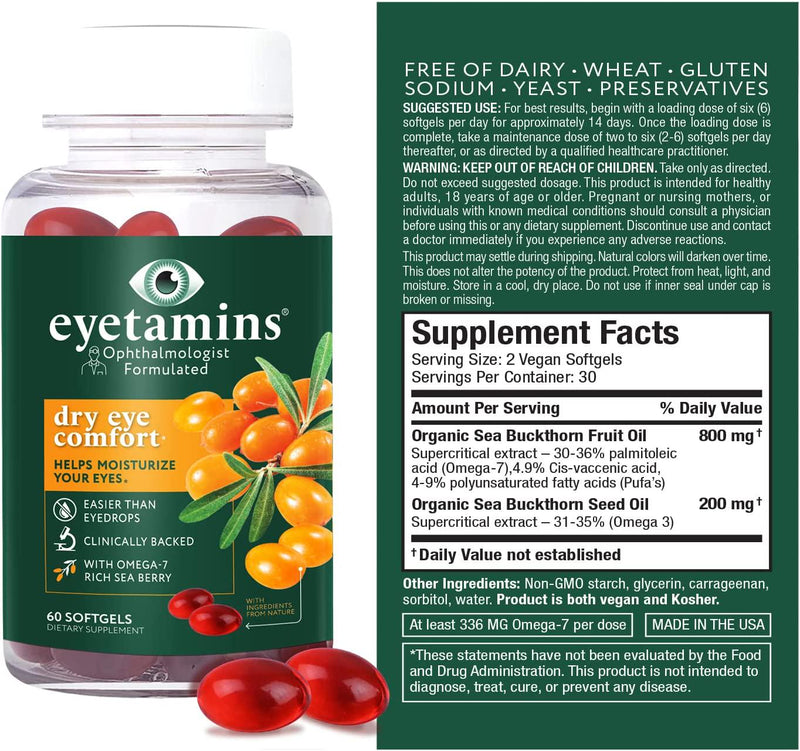 Eyetamins Dry Eye Comfort - 60 Softgels Ophthalmologist- Formulated, Natural - Himalayan Sea Buckthorn Oil - Vegan and Non-GMO Formula