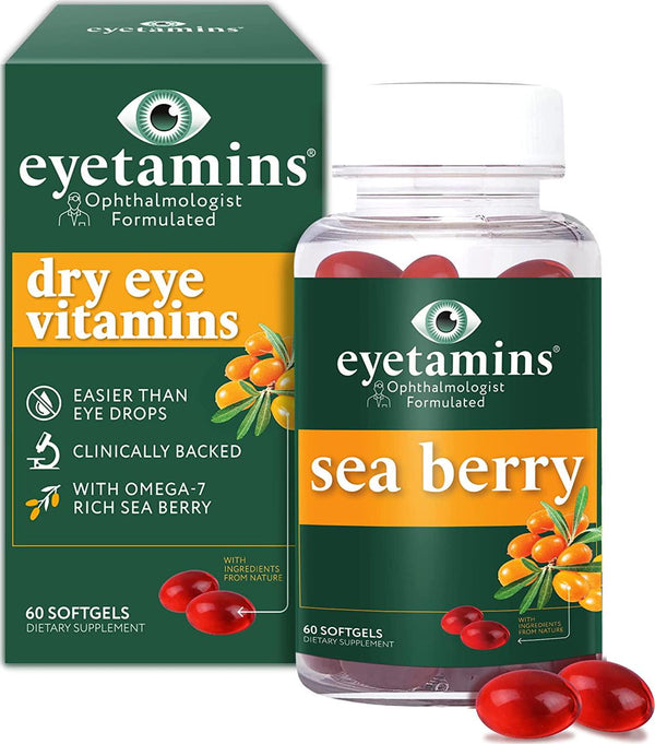Eyetamins Dry Eye Comfort - 60 Softgels Ophthalmologist- Formulated, Natural - Himalayan Sea Buckthorn Oil - Vegan and Non-GMO Formula