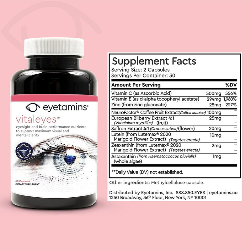 Eyetamins Vitaleyes Eye and Brain Health Supplement - 60 Capsules - Ultra-Strength NeuroFactor Promotes Memory and Learning - Bilberry, Lutein, Zinc, and Zeaxanthin - Vegan and Non-GMO Formula