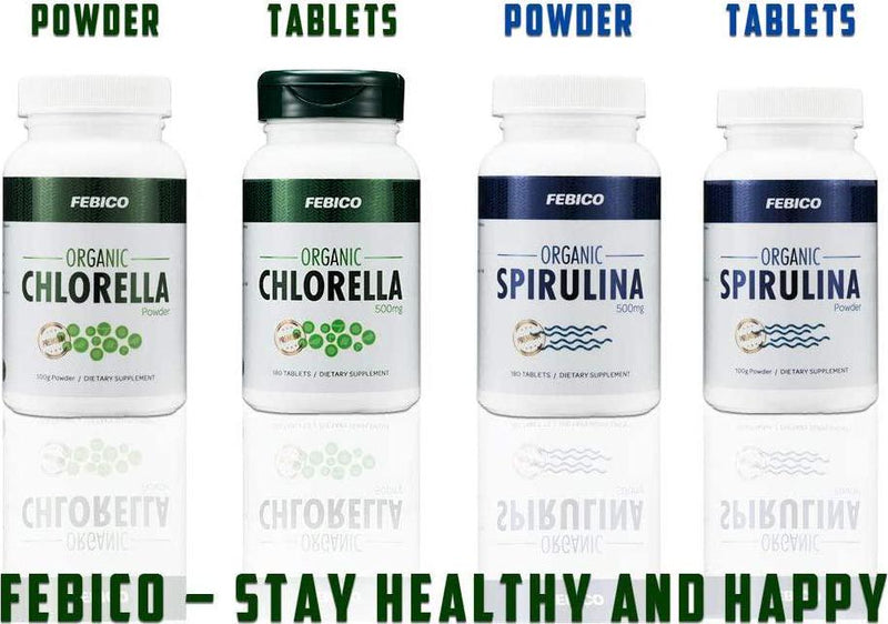 FEBICO Premium Organic Chlorella Tablets- Vegan, Best Green Superfood, Non-GMO, High Dietary Fiber, Rich Protein- USDA, Naturland, Halal Certified- 500mg, 180 Counts, 30 Days
