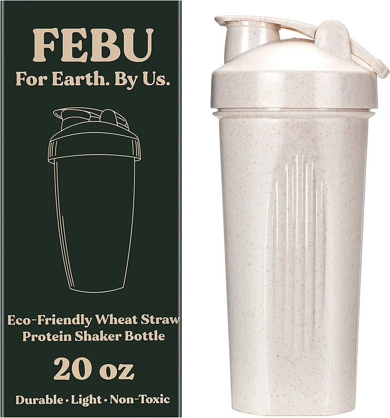 FEBU Eco-Friendly Protein Shaker Bottle 28oz, Sand | Biodegradable Wheat Straw | Durable and Portable Pre and Post Workout Shaker Bottle for Protein Mixes | Sustainable Blender Mixer