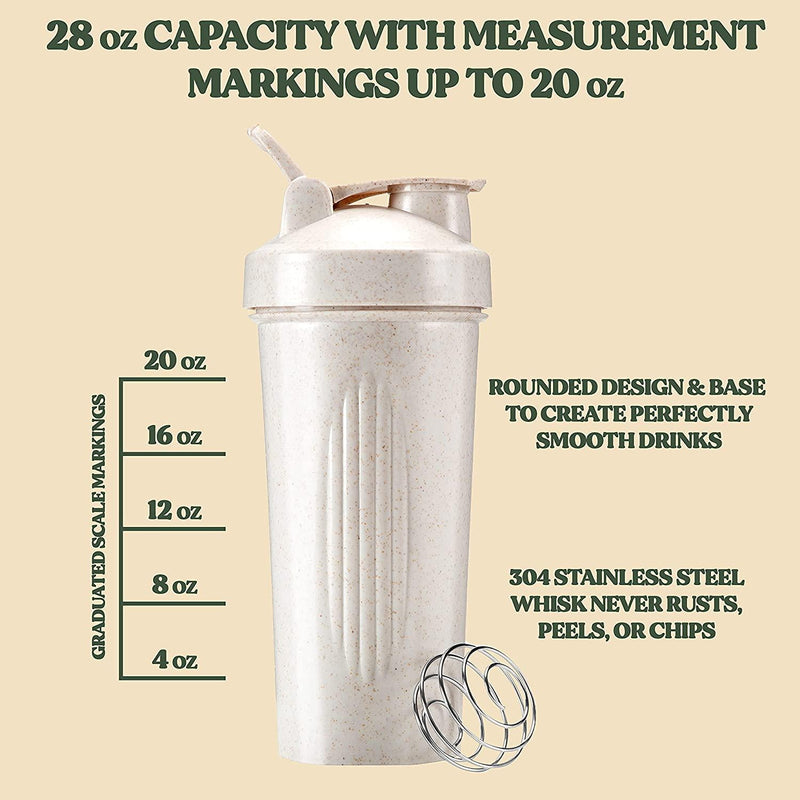 FEBU Eco-Friendly Protein Shaker Bottle 28oz, Sand | Biodegradable Wheat Straw | Durable and Portable Pre and Post Workout Shaker Bottle for Protein Mixes | Sustainable Blender Mixer