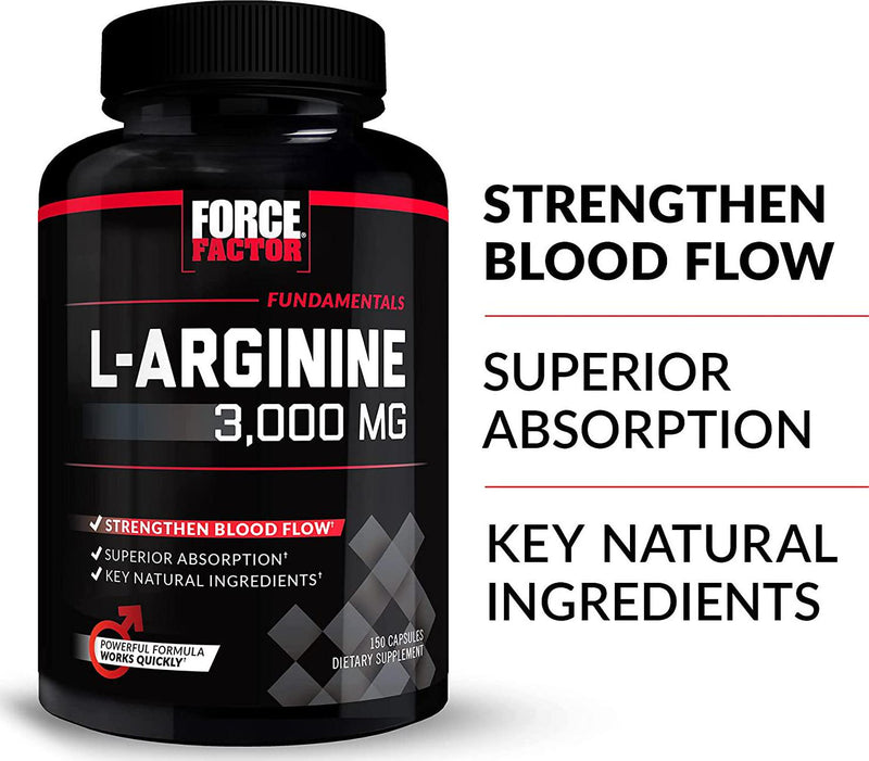 FORCE FACTOR L-Arginine Nitric Oxide Supplement with BioPerine to Help Build Muscle and Support Stronger Blood Flow, Circulation, Nutrient Delivery, and Pumps, L-Arginine 3000mg, 3g, 450 Capsules (3-Pack), Black (Packaging), FFS-00671-FG