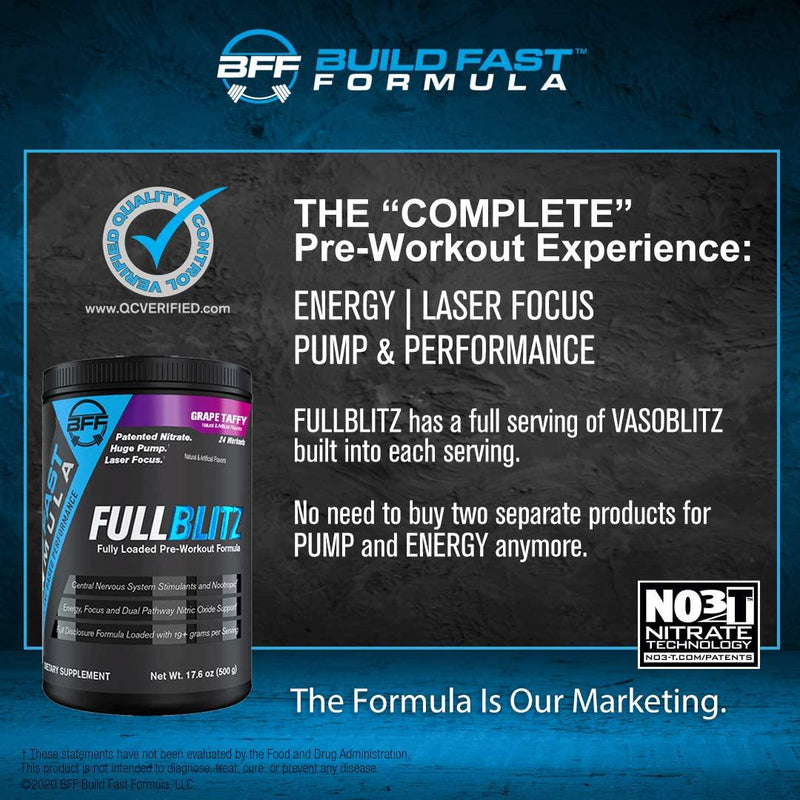 FULLBLITZ by BFF Build Fast Formula | Fully Loaded Pre-Workout | Energy Booster + Huge Dual Pathway Nitric Oxide Boosting Muscle Pumps, Laser Focus and Nootropic Blend 24 Workouts (Rocket Pop)